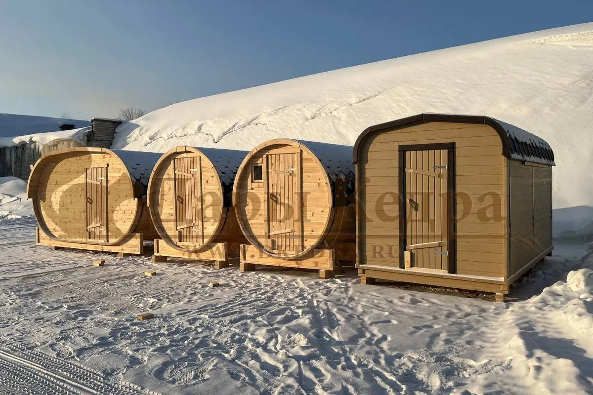 Баня-бочка круглая из кедра с верандой (все размеры)