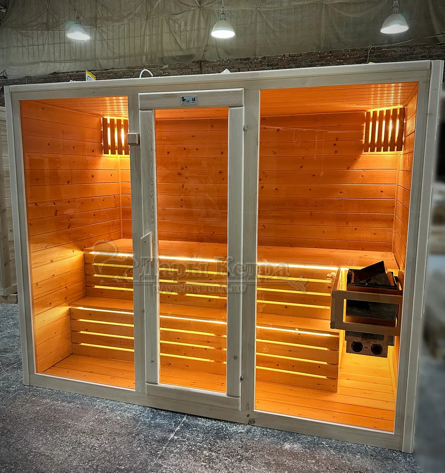 Трехместная финская сауна кабина из кедра с электрокаменкой